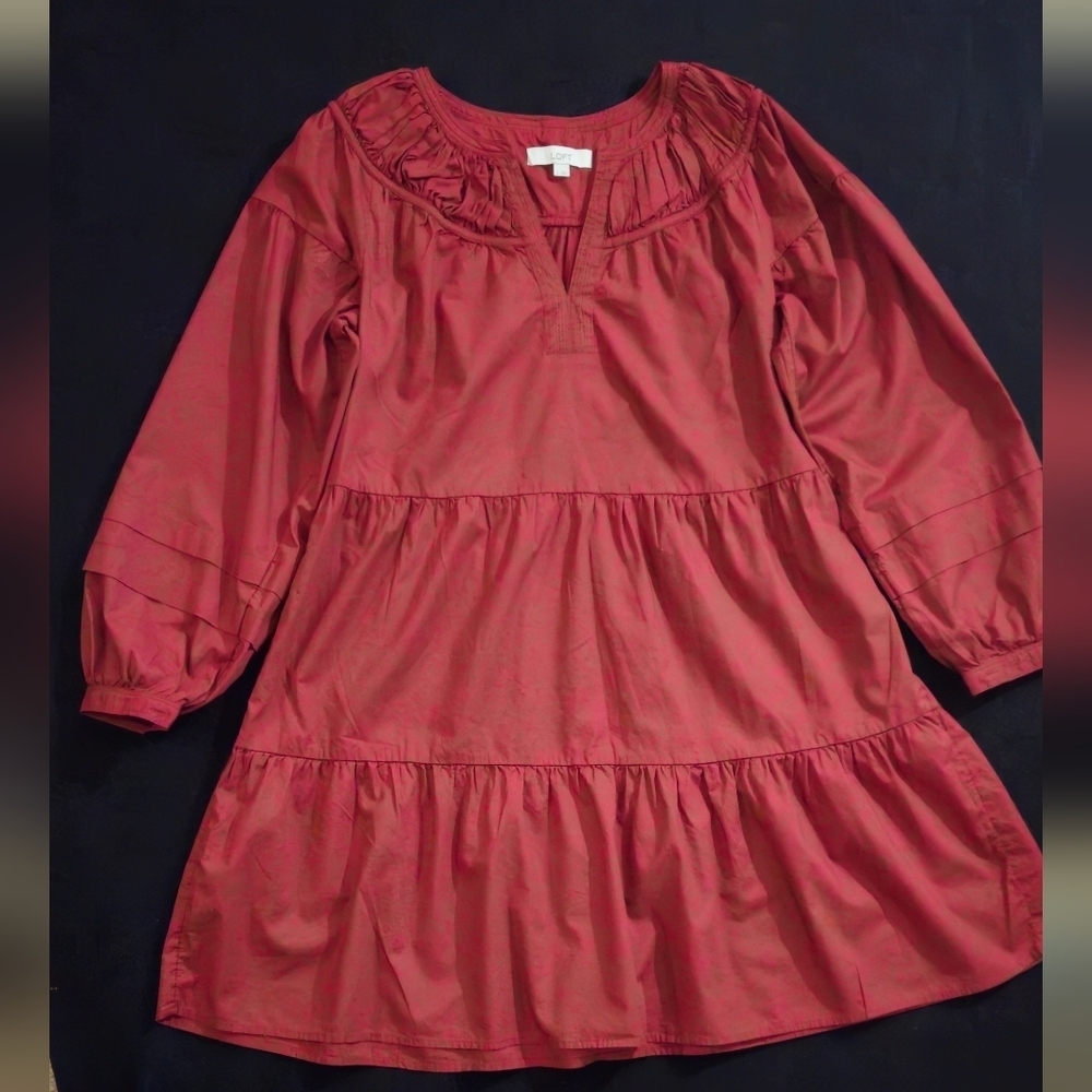 LOFT Rust Color Tiered Swing V-Neck Long Bloused Sleeves Dress - Size Large